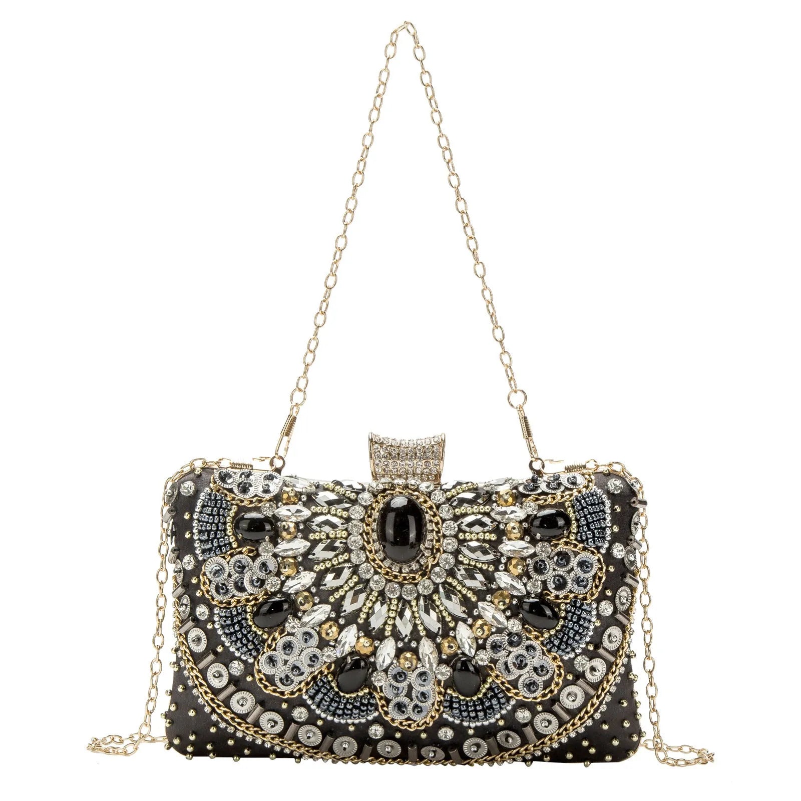 Retro hard shell dinner bag with pearl embroidery and beading in white, showing three-dimensional pocket and hand-held design