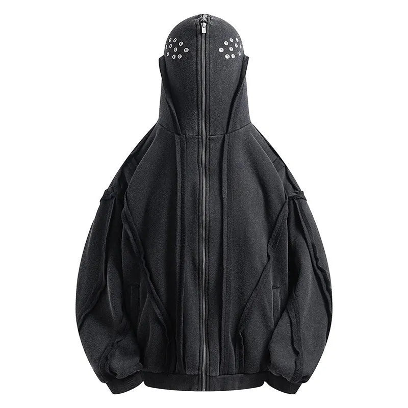 Black retro loose padded hooded coat with an abstract pattern and zip front.