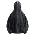 Black retro loose padded hooded coat with an abstract pattern and zip front.