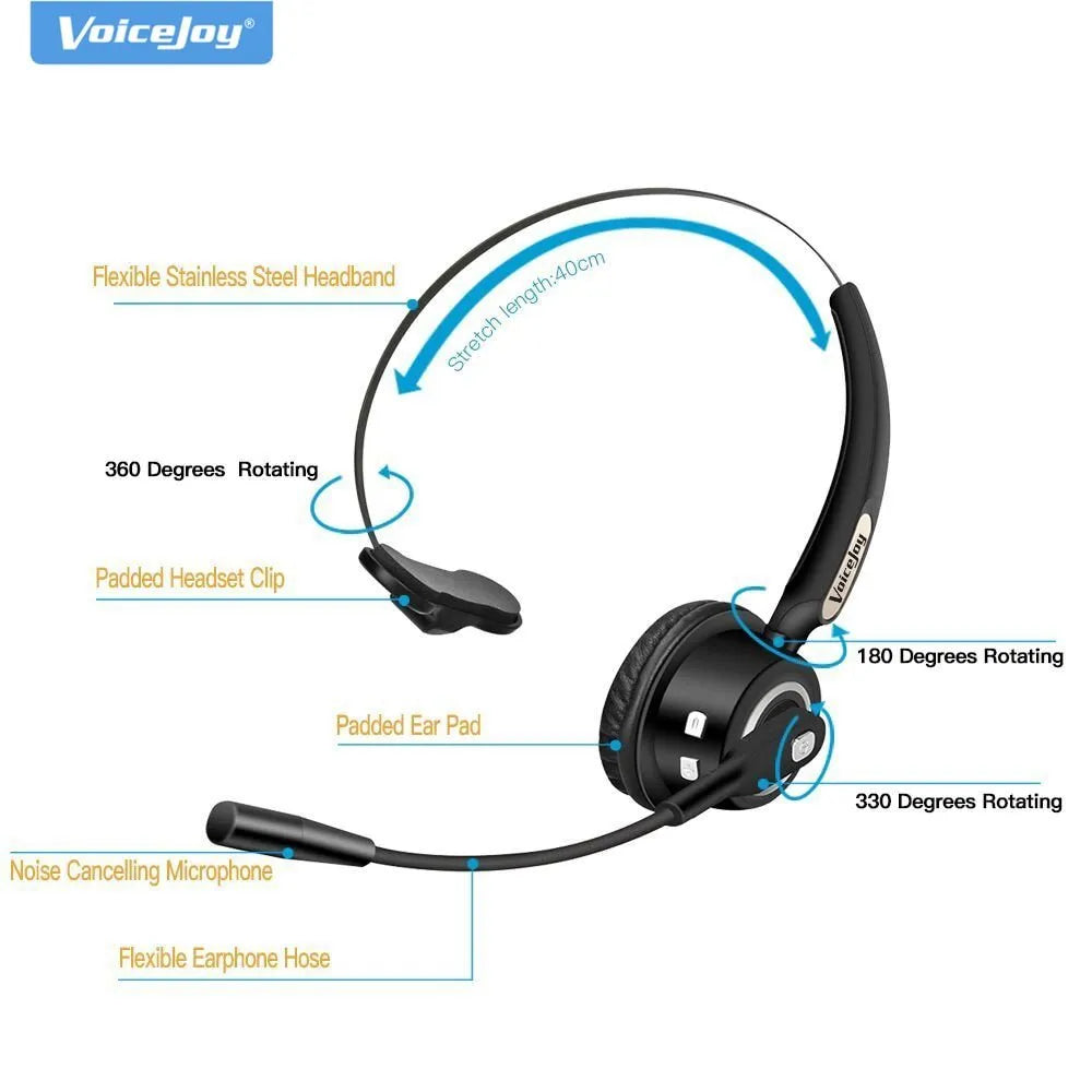 Black Bluetooth headset with microphone designed for truck drivers and office use, shown with a USB charging cable.