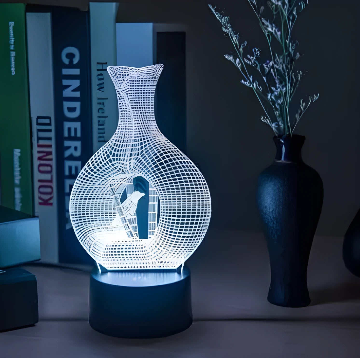 3D acrylic LED night light with touch control and seven colour options on ABS base