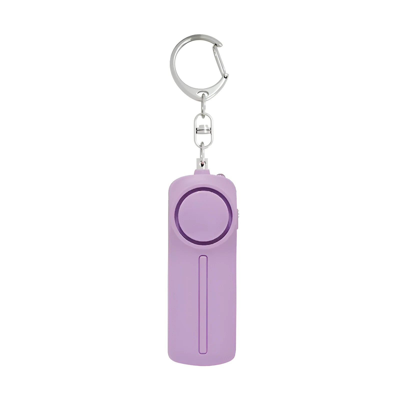 Compact pink personal safety alarm with keyring, shown at 86mm long.