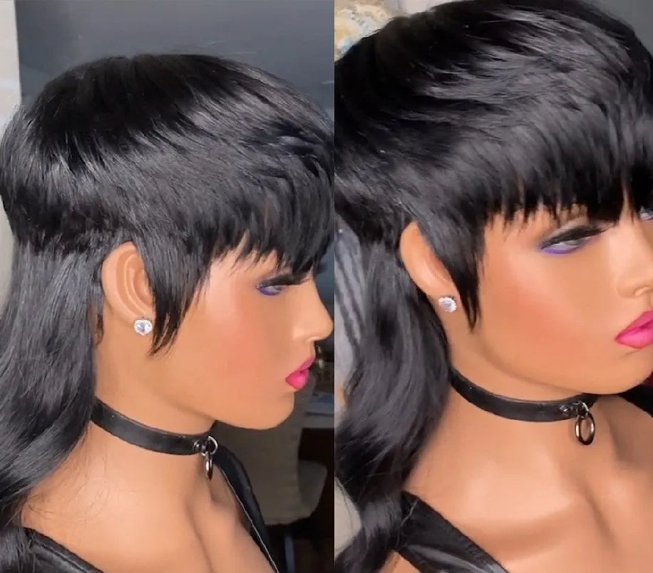 Black Brazilian wig with front bangs and short front long back hairstyle on display