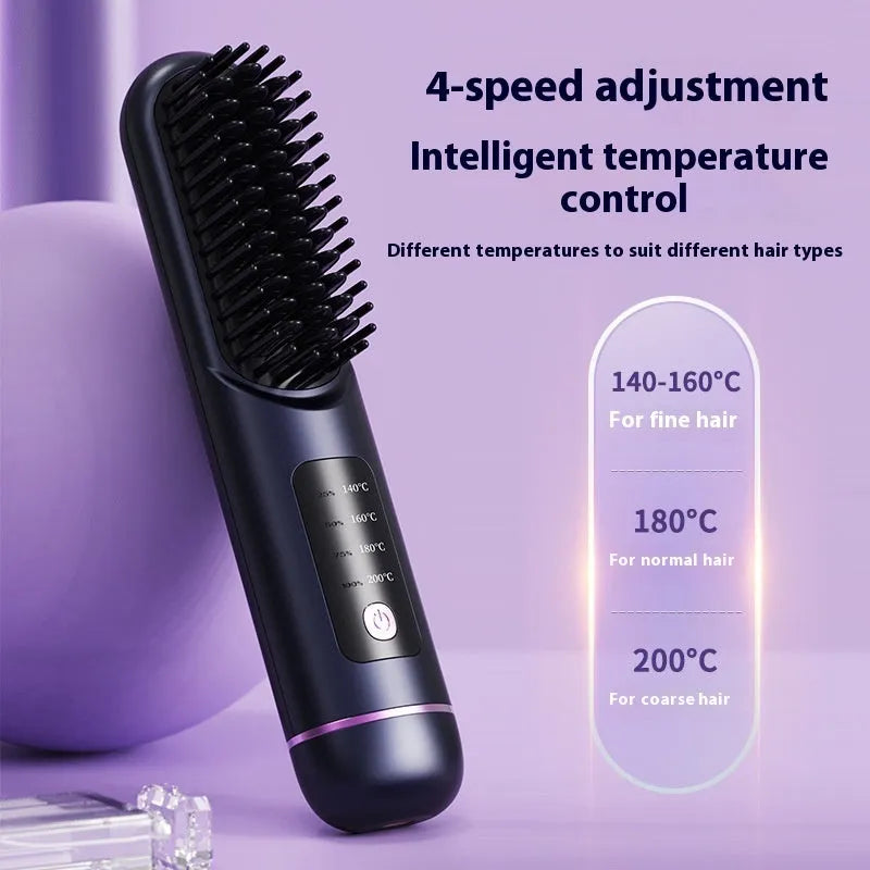 White portable negative ion hair comb with rechargeable battery on a plain background.