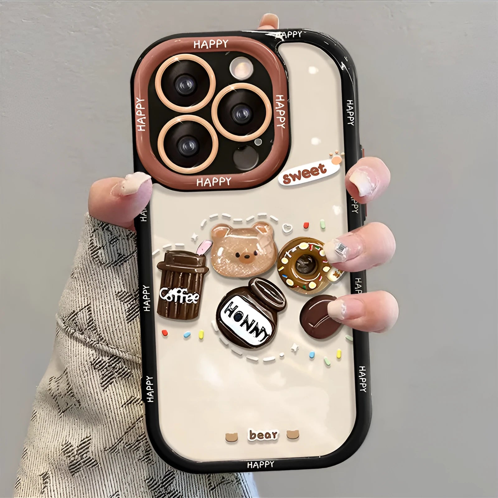 Silicone phone case with 3D coffee bear doll pendant and lanyard for Apple iPhone, cream black