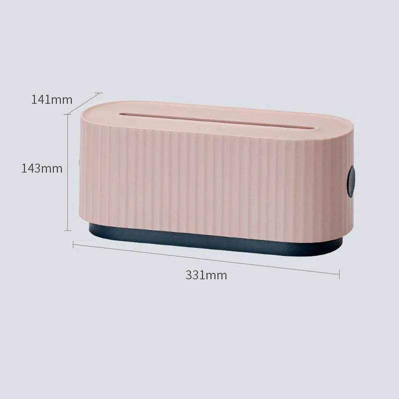 Cloud Power Storage Box in blue with power strip inside, bottom cable holes visible, HIPS material, 331x143x141mm