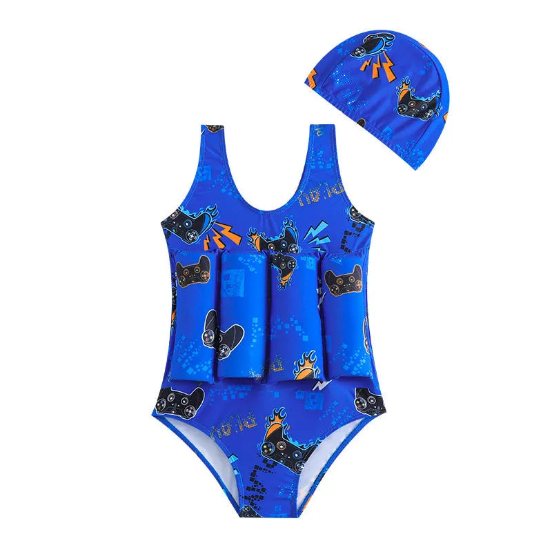 Children's one-piece buoyancy swimsuit with nylon outer and polyester lining in a solid colour design