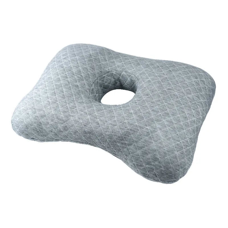 Single-hole ear pillow in plaid grey with detachable cover, shown with dimensions 39cm by 28cm.
