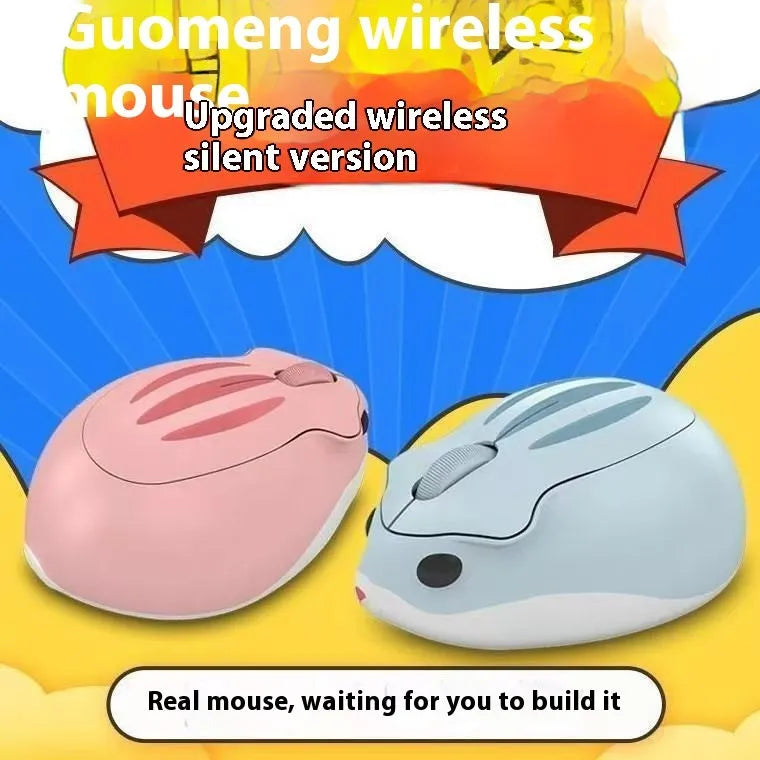 Hamster Wireless Mute Mouse in grey, pink, or yellow colour on a desk.