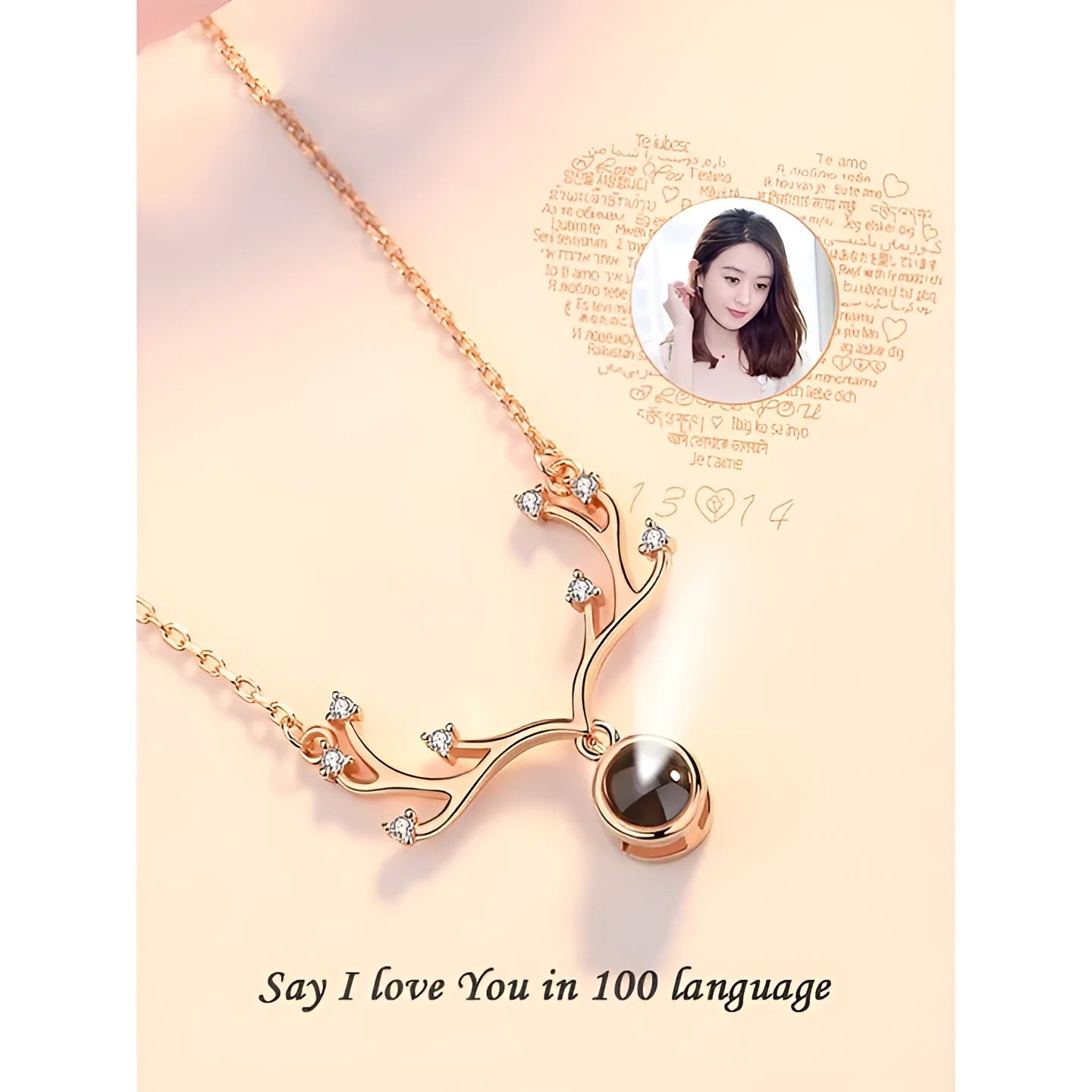 Custom projection letter crystal pendant necklace in rose gold with 925 silver chain and love gift box