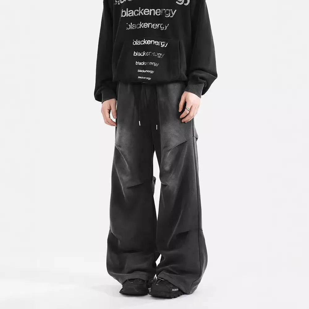 Men's American washed cotton pleated straight loose sweatpants in black with elastic waist