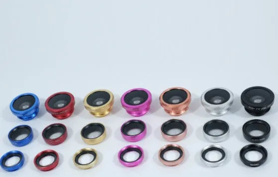 Mobile phone camera lens kit with three external lenses including 0.67X fisheye, macro and external lenses