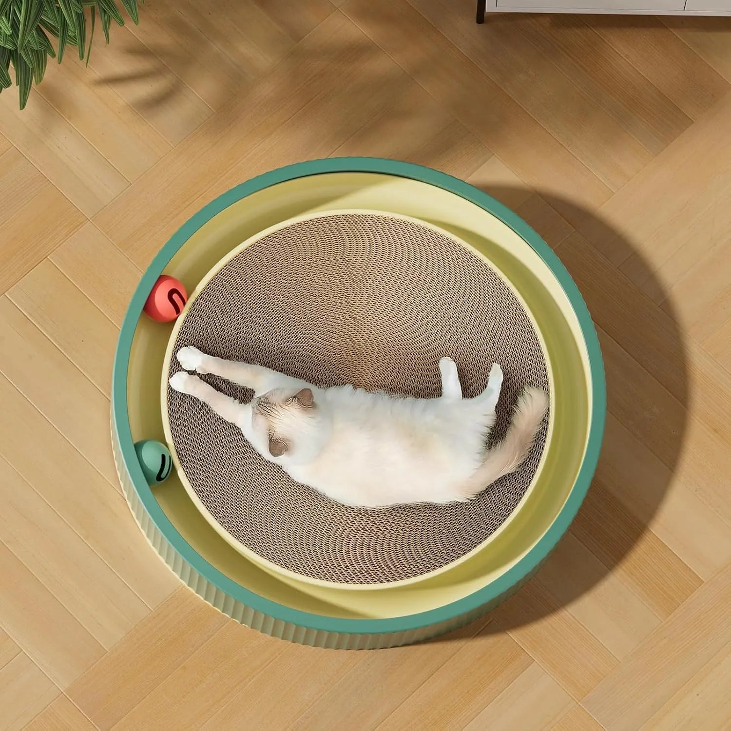 Large round cardboard cat scratching board with moving ball toys and replaceable core