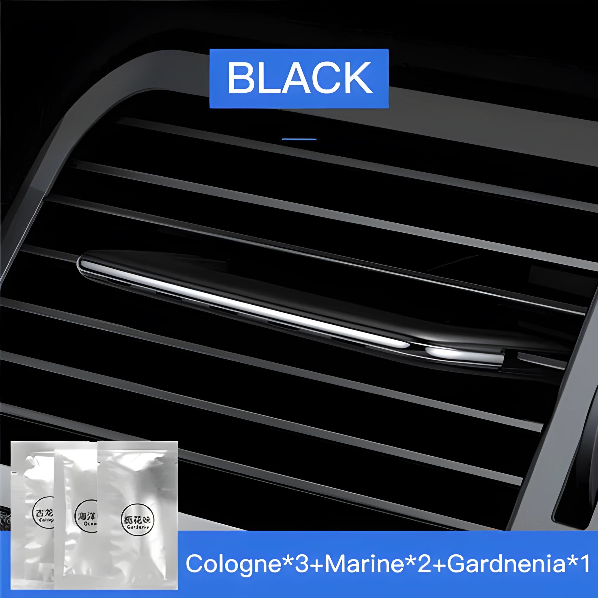 Pick-up car aroma clip in black attached to a car air vent diffusing a neutral scent