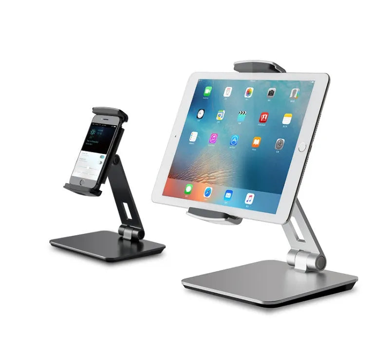 Foldable aluminium desktop phone and tablet holder showing rotation mechanism