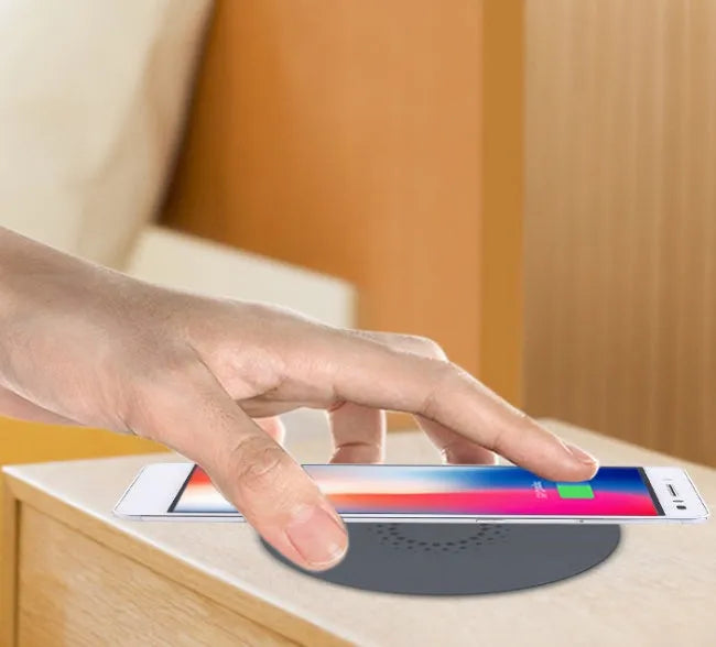 Round hidden wireless phone charger for desk or table installation, shows 60mm and 75mm size options.