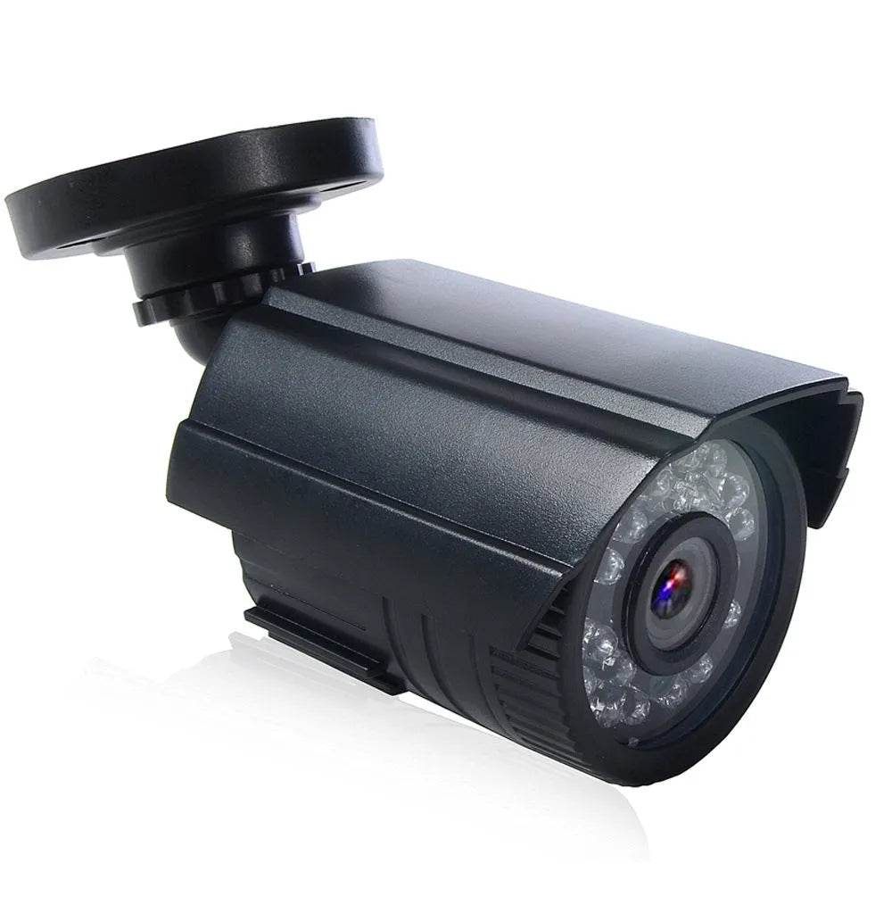 Black HD waterproof outdoor security camera with infrared night vision.