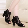 Lucyever women's black lace gladiator sandals with a square high heel, peep toe, and zip closure