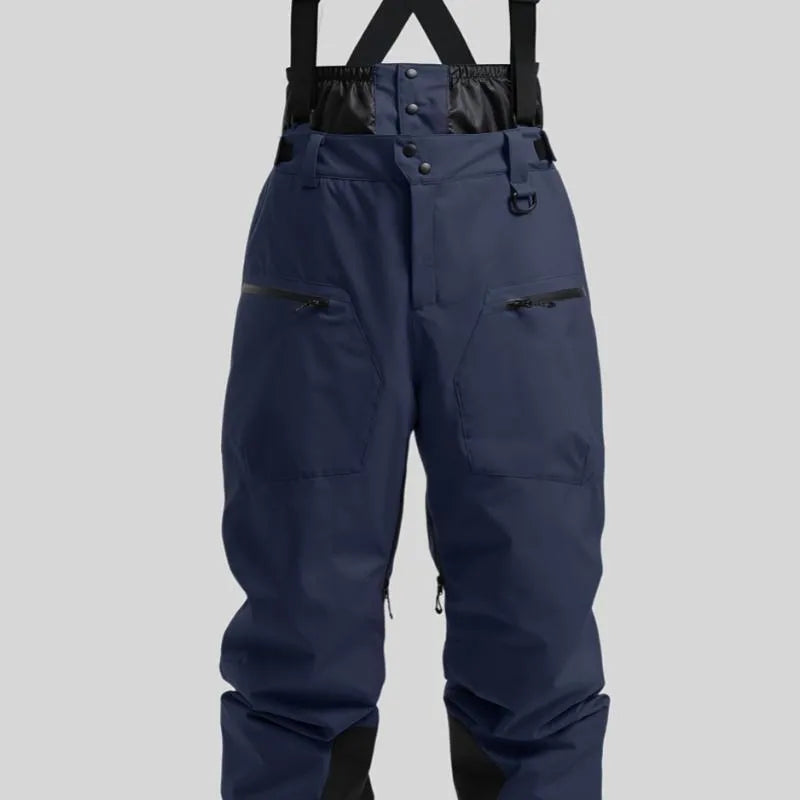 Men's black waterproof ski trousers with thickened straps made from flame retardant linen fabric