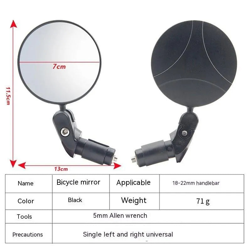 Black ABS plastic folding convex rearview mirror showing 7cm diameter reflector.