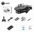 Mini folding aerial drone with 4K camera, black, arms open showing four propellers, compact body on white background