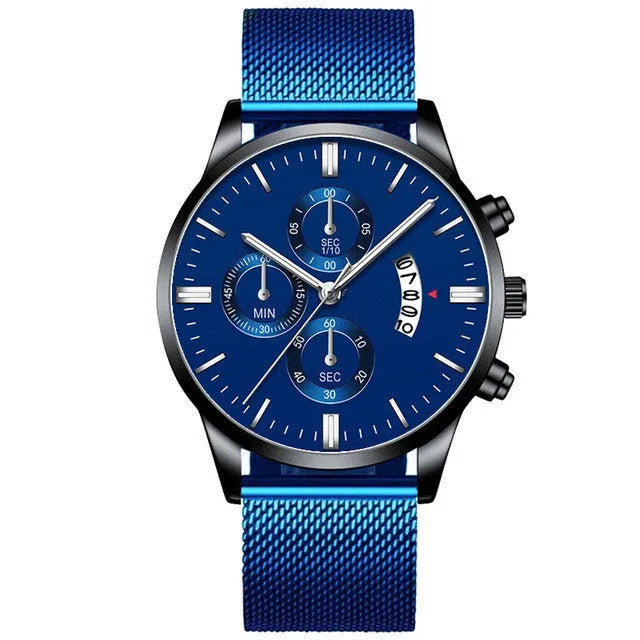 Men's stainless steel mesh band quartz watch showing analog display and two-tone colour options.
