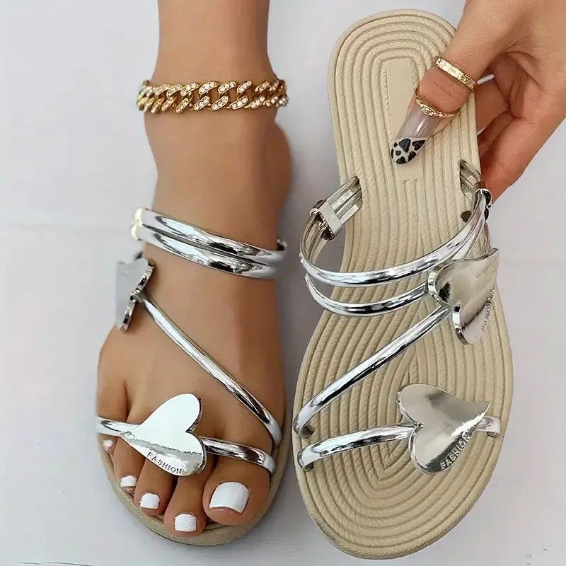 Heart shape slippers summer flat love beach shoes women available in gold and silver