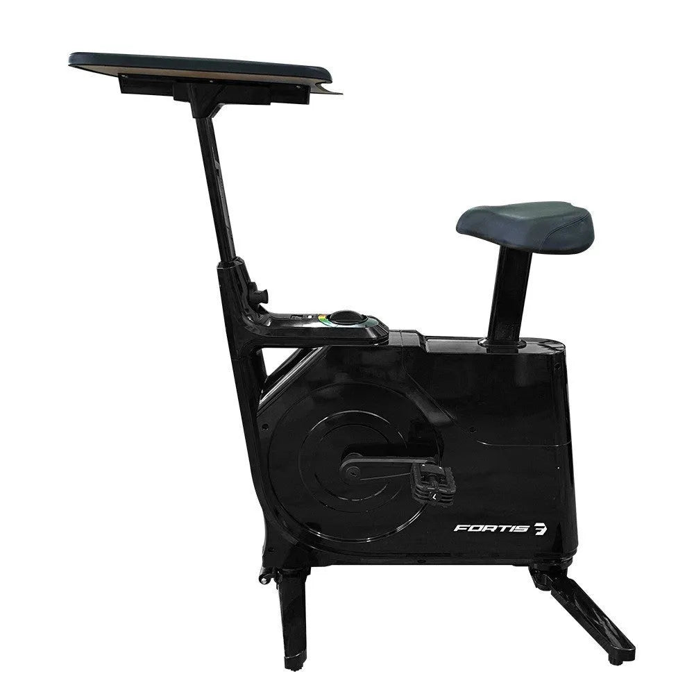 Black upright exercise bike with magnetic resistance and built-in table for home fitness