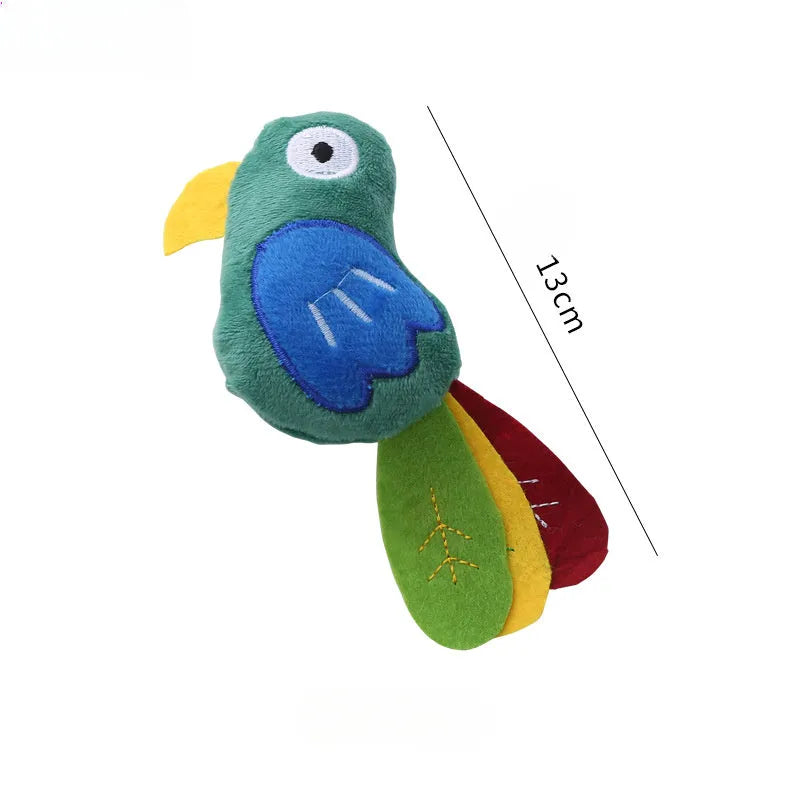 Plush cat toy in the shape of a cow and a parrot, designed for interactive play with catnip.