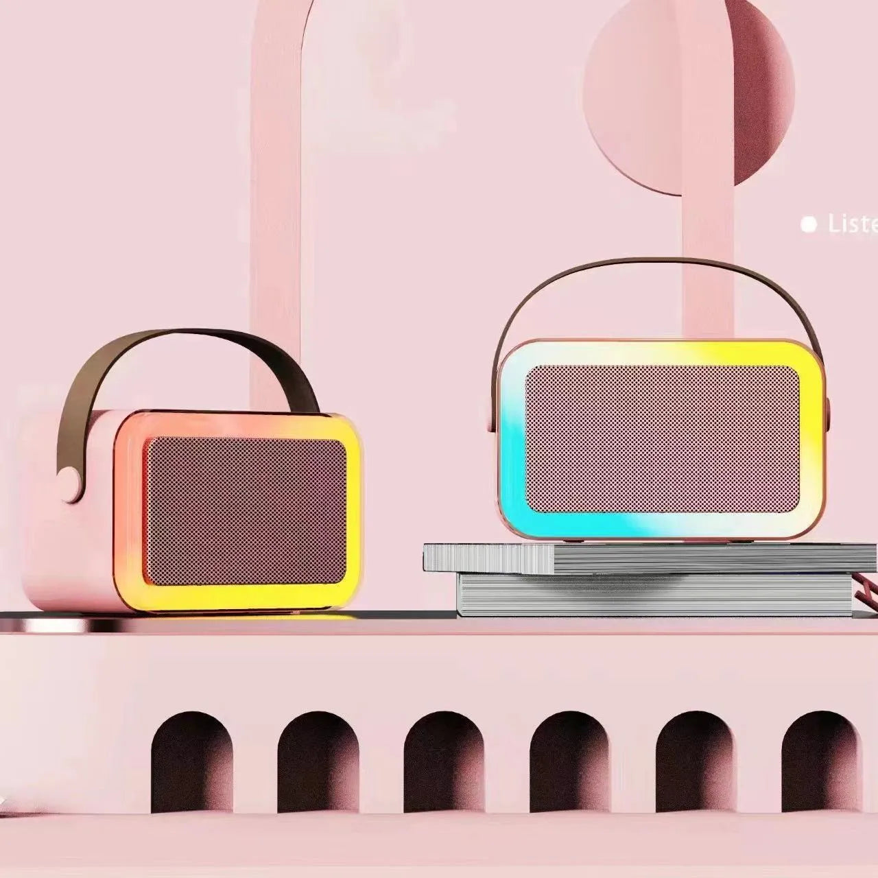 Bluetooth karaoke speaker with LED coloured lights in white, pink, or sky blue with microphone