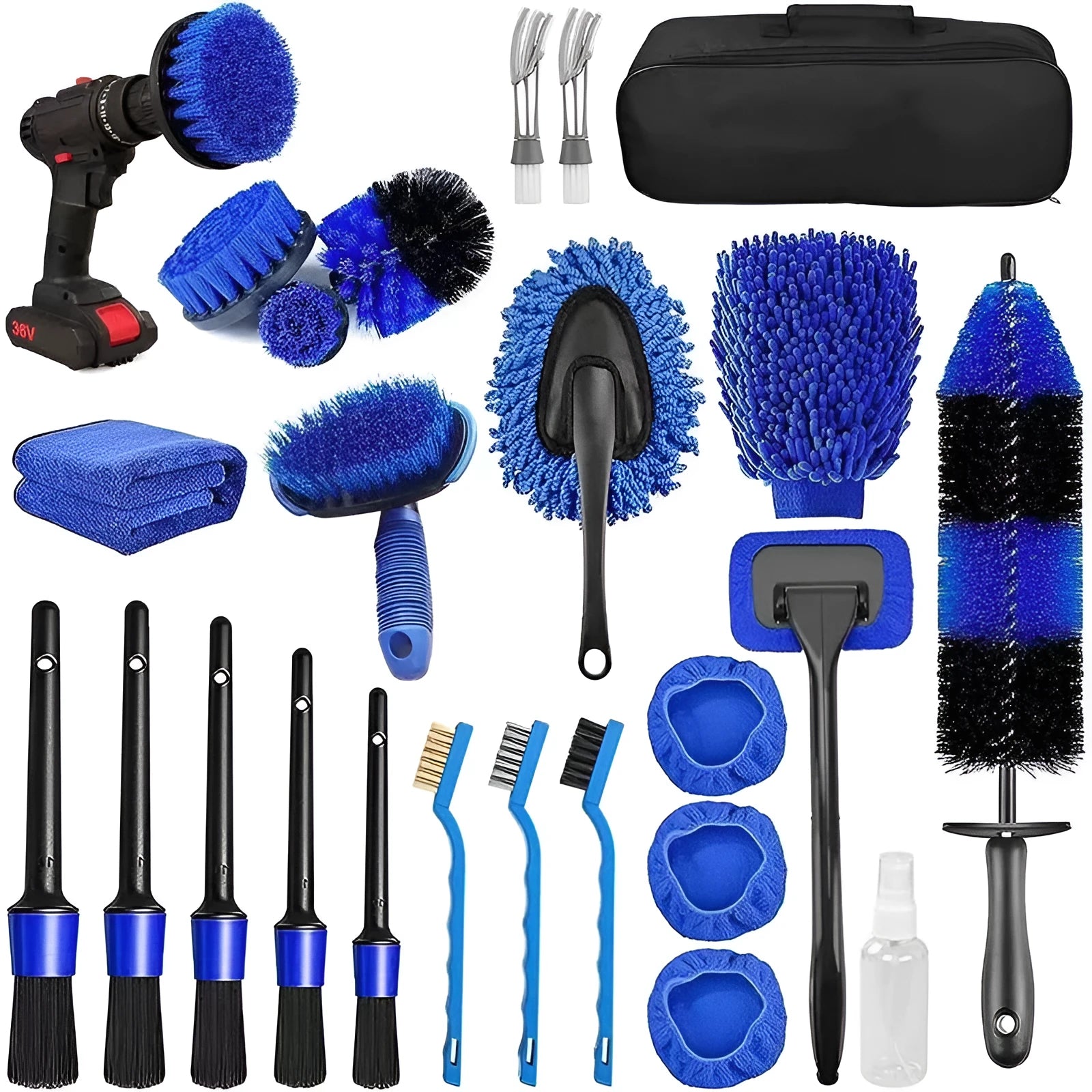 26-piece car cleaning brush set with multiple brush heads for vehicle detailing