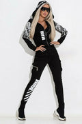 Black women's casual suit with wings printing pattern showing hooded top and trousers
