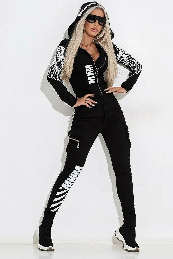 Black women's casual suit with wings printing pattern showing hooded top and trousers