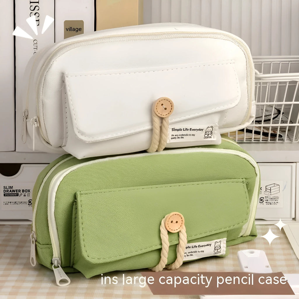 Green canvas pencil case with large capacity for 80 pens, Korean style stationery bag.