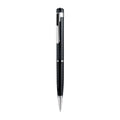 Black pen-shaped zinc alloy voice recorder shown with headset and data cable.