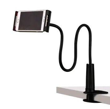 Black bedside phone holder with a long metal arm and adjustable plastic head gripping a mobile phone.