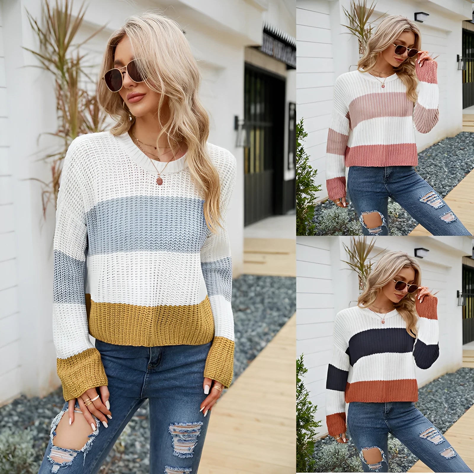 Women's pink and white striped loose fit short sleeve acrylic pullover on a hanger.