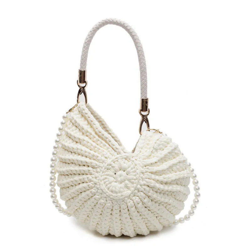 Handmade woven bag women's shell shape cloth crossbody double shoulder straps Milky White finished product