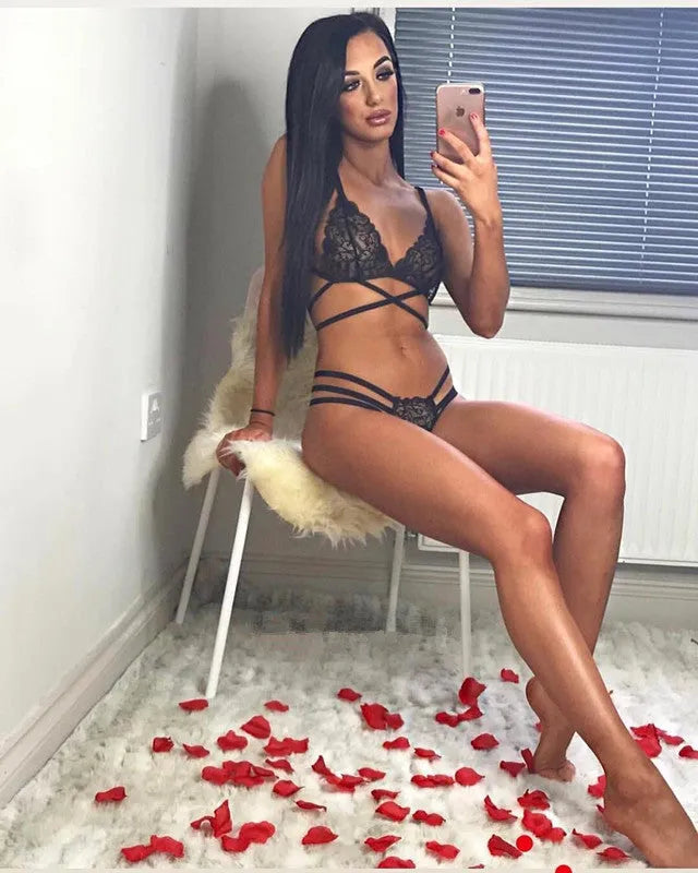 Women's black lace see-through three-point bikini set with lace-up cross front design