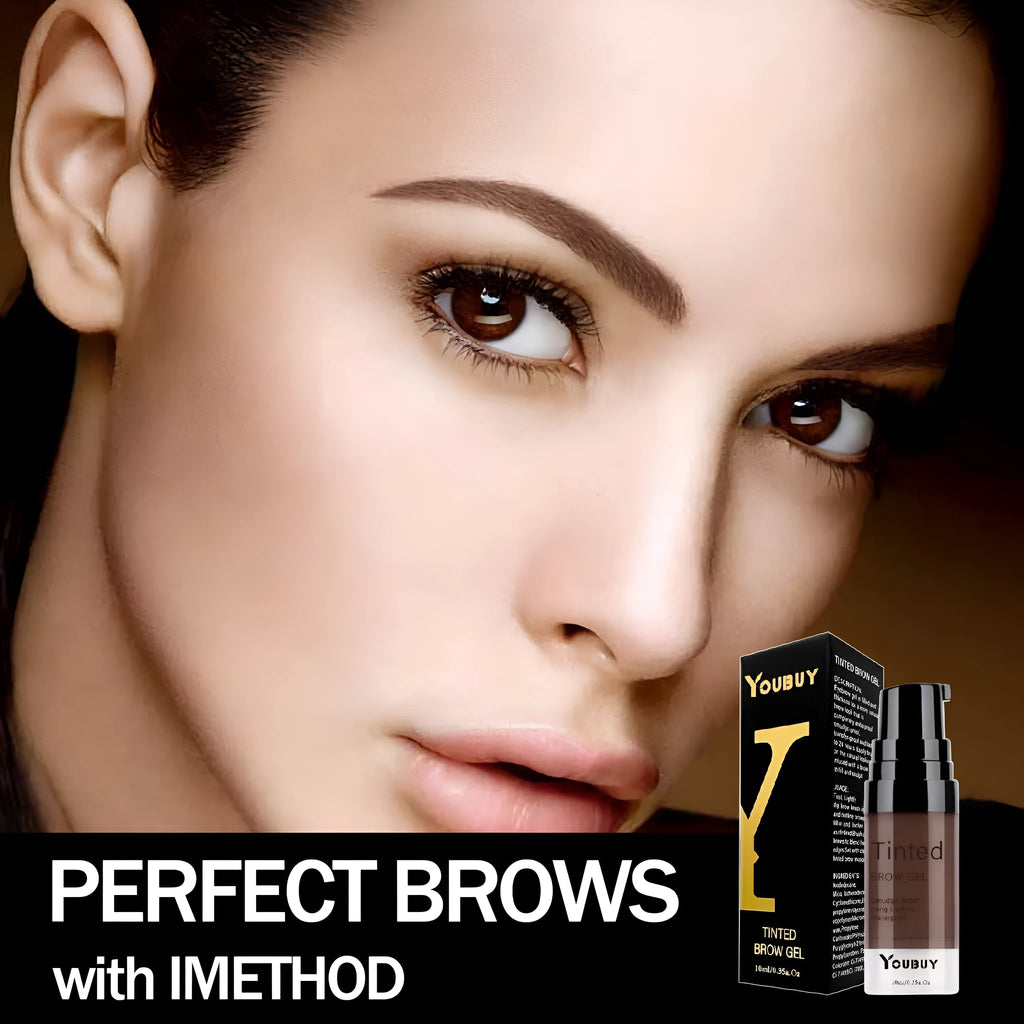 Brow cream tube in dark grey and golden yellow shades for waterproof, quick-drying eyebrow definition