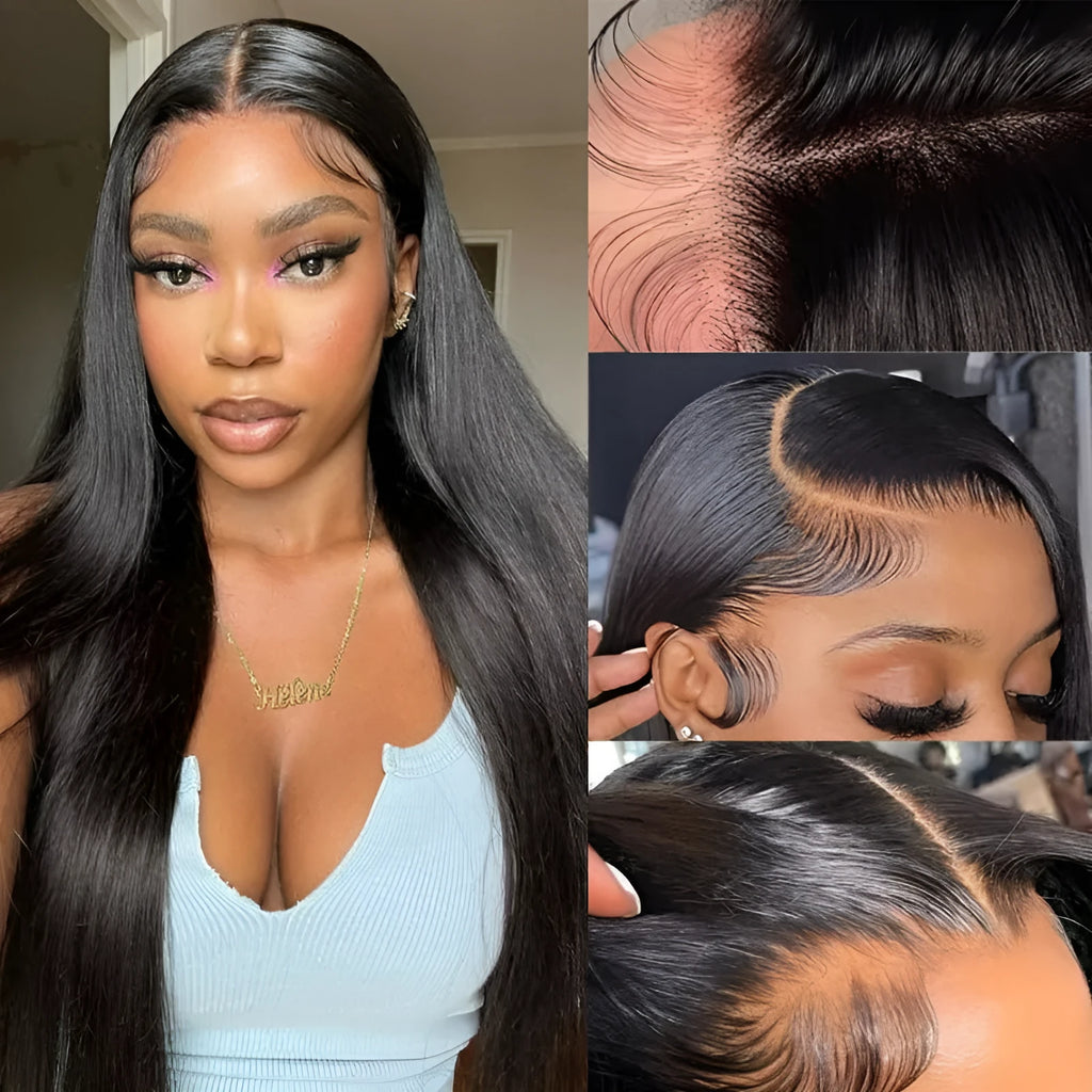 13x6 straight lace front human hair wig in black colour showing natural style and length options