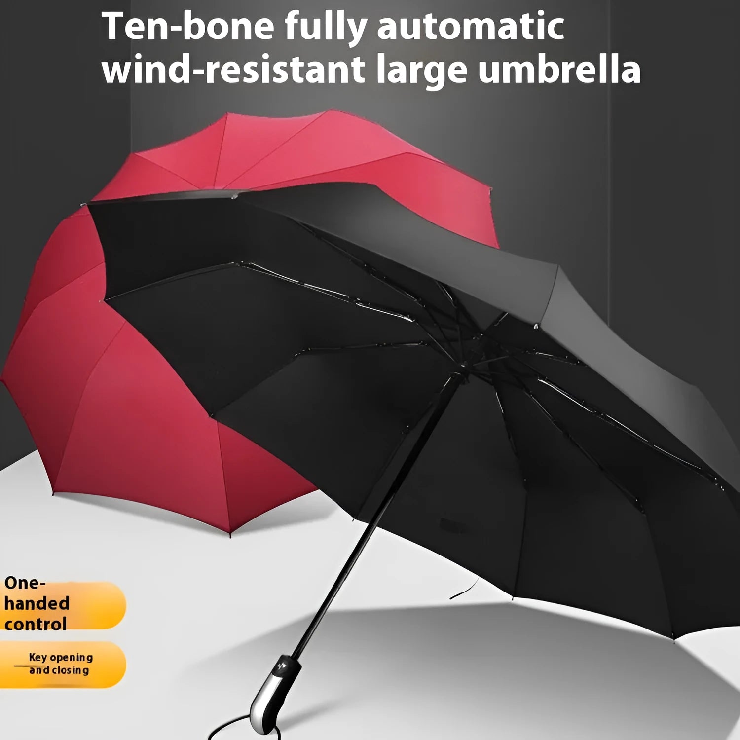 Black automatic open triple folding business umbrella with 10 ribs, shown in open position.