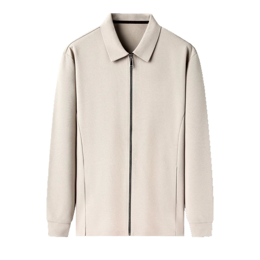 Men's polyester jacket in black, dark grey or apricot with long sleeves and straight hem.