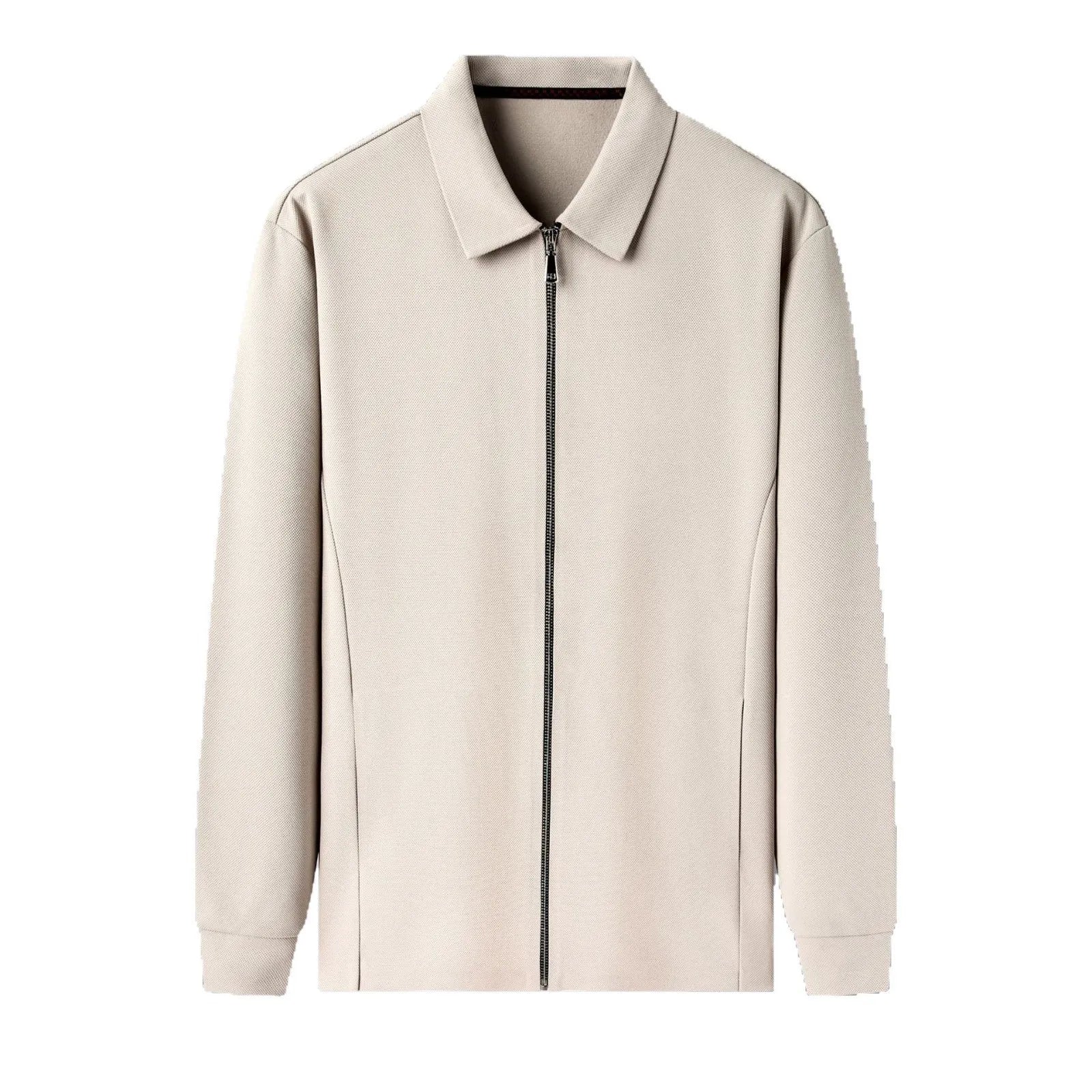 Men's polyester jacket in black, dark grey or apricot with long sleeves and straight hem.