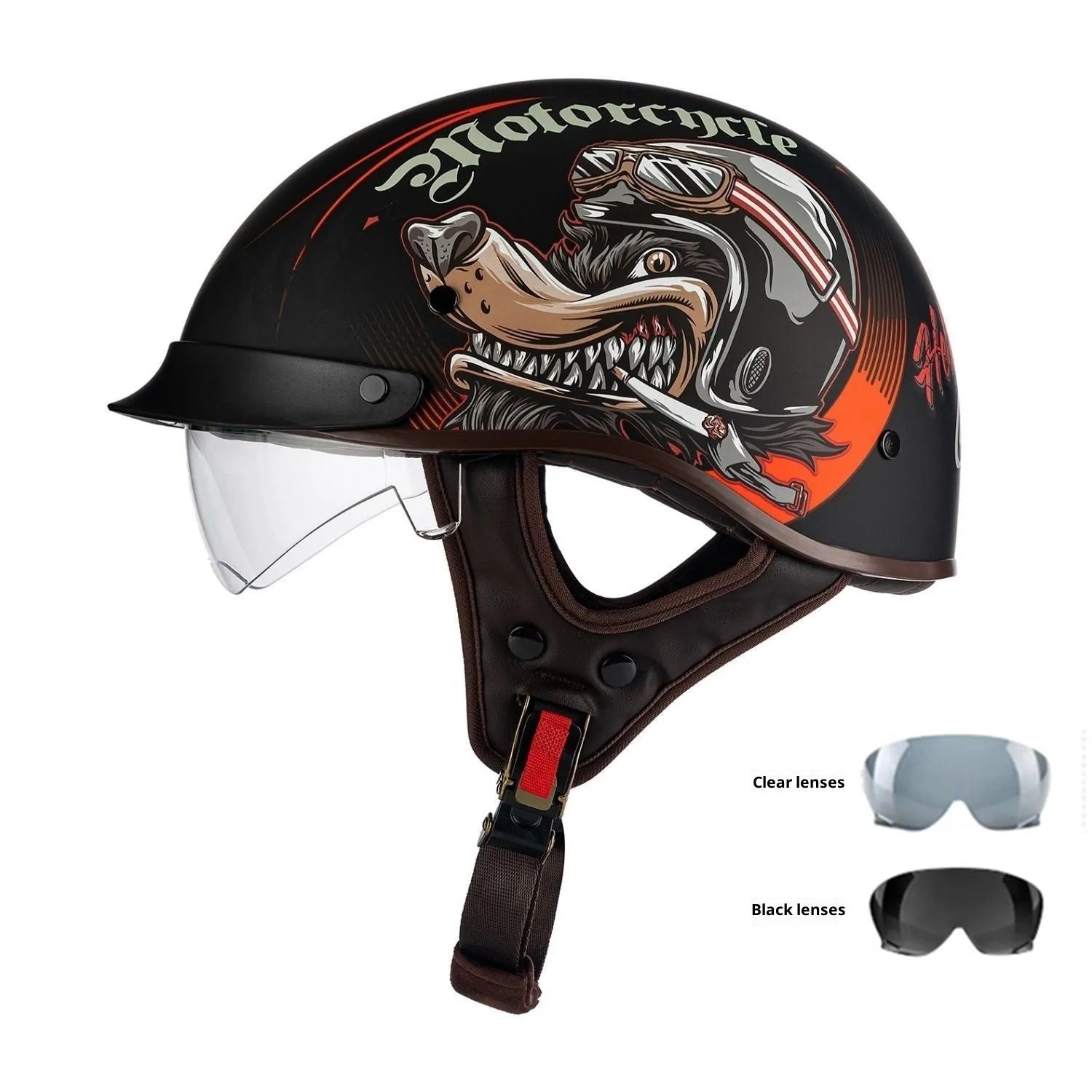 Retro full-face motorcycle helmet in Bright Black Whirlwind Dog colour, available in sizes M to 2XL for universal fit