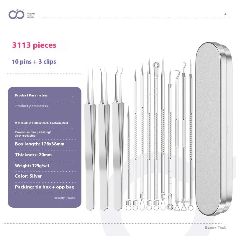 Four silver metal acne needles with ultra-fine pointed tips for skincare extraction.