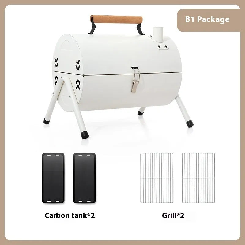 White round chimney portable folding grill for outdoor frying, baking and barbecuing