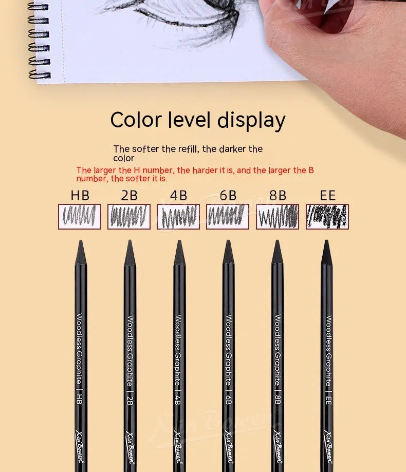 Set of six wood-free graphite sketching pencils in grades HB 2B 4B 6B 8B EE