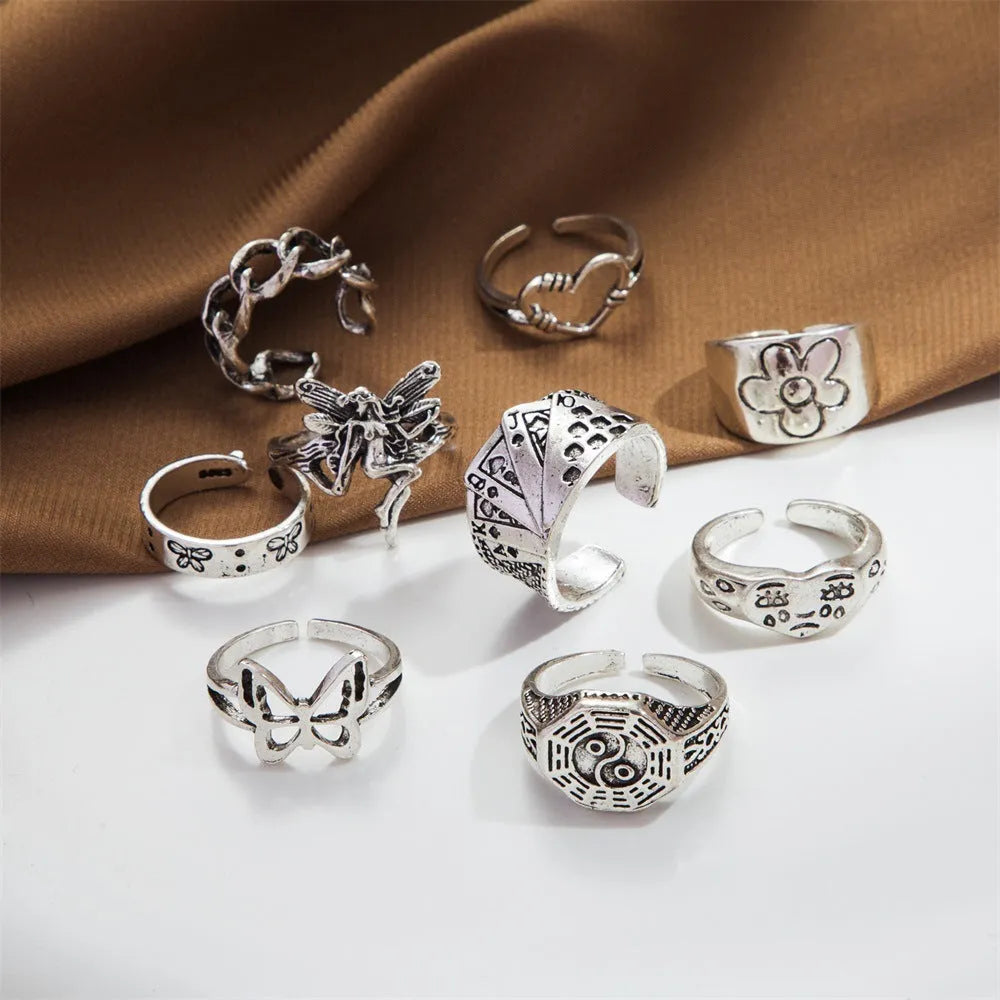 Women's alloy retro ring set with butterfly and snake motifs, open ring design, geometric shapes