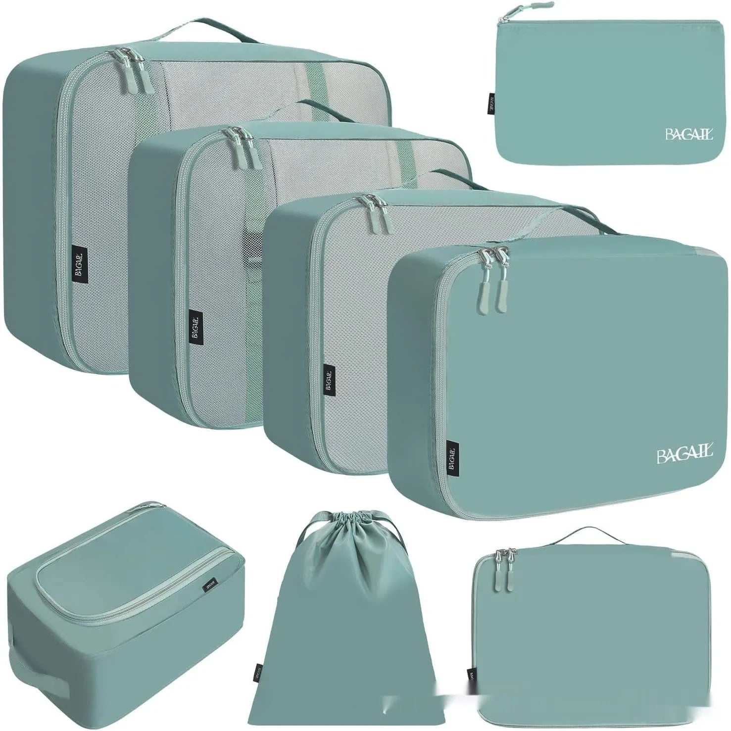 Set of eight cubic-shaped travel packing bags in assorted colours including beige, black, pink, and leopard print patterns.